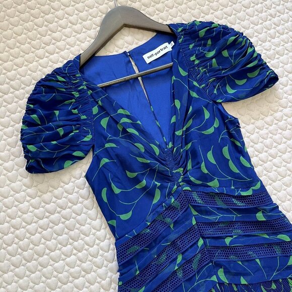 NWOT Self Portrait Blue Crescent Chiffon Midi Dress Cut Out Back Ruffle Size 6 - Picture 3 of 13